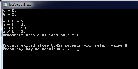 screenshot of output from math1.c program