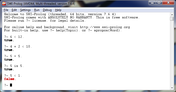 screenshot of SWI-Prolog Interactive Mode