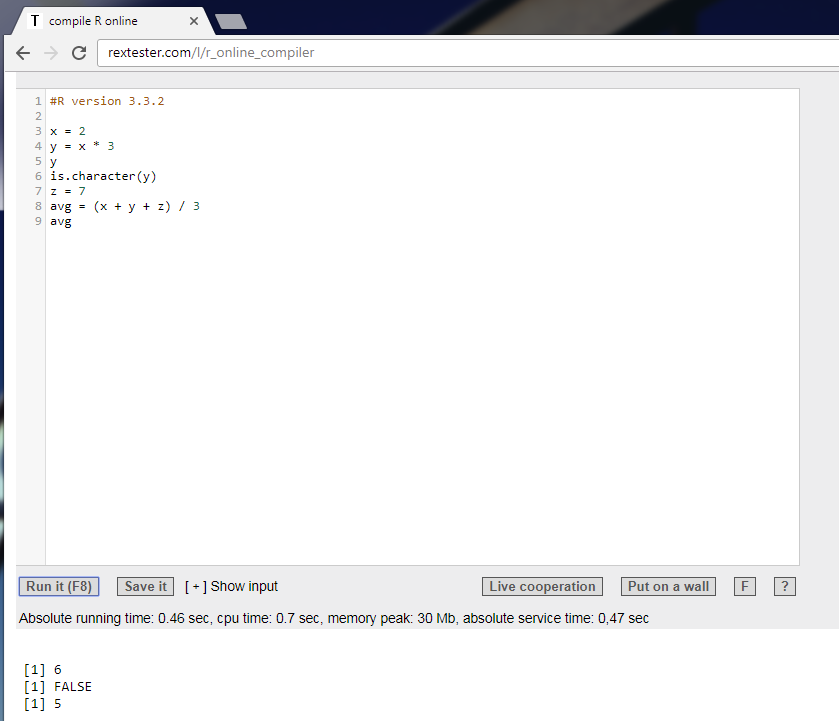 Running an R program online at the rextester.com online R compiler
